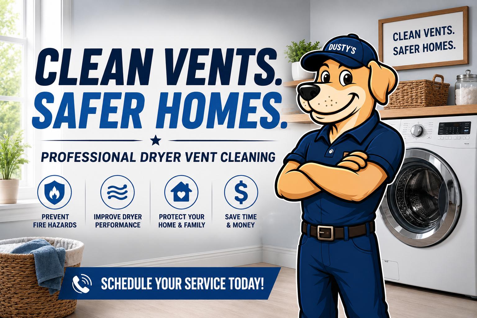 Clean vents. Safer homes. Professional dryer vent cleaning by Dusty's — prevent fire hazards, improve dryer performance, protect your home and family, and save time and money.